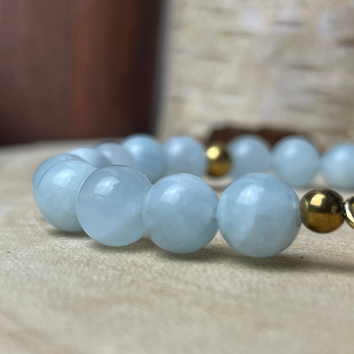 Bracelet personnalisé en Aigue-Marine naturelle – Médaillon photo 20 mm | Souffle Marin