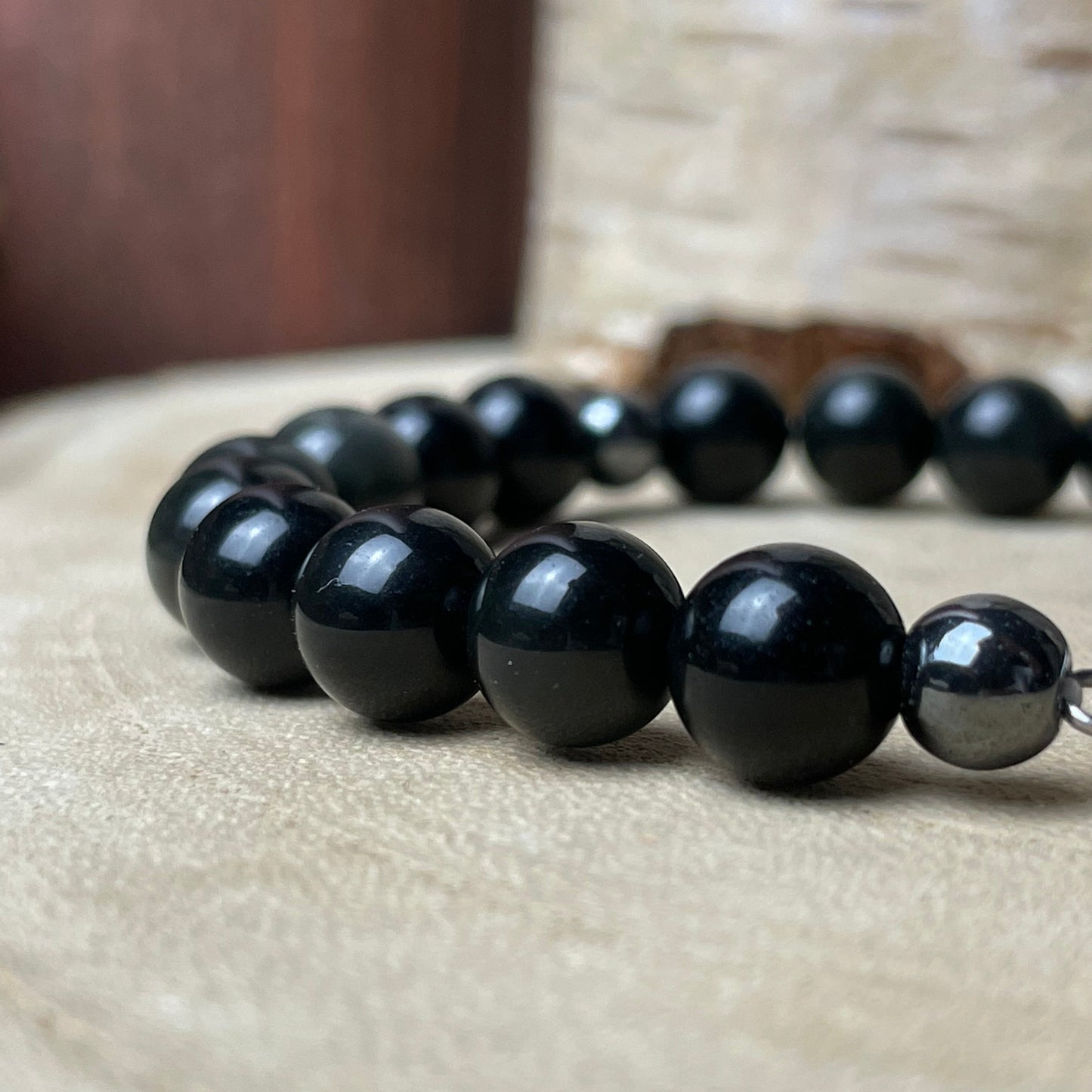 Bracelet personnalisé en Obsidienne Noire naturelle – Médaillon photo 12 mm | Ombre Protectrice