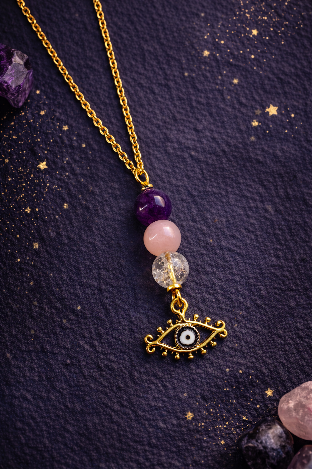 Collier Regard de l’Âme – Améthyste, Quartz Rose & Cristal de Roche