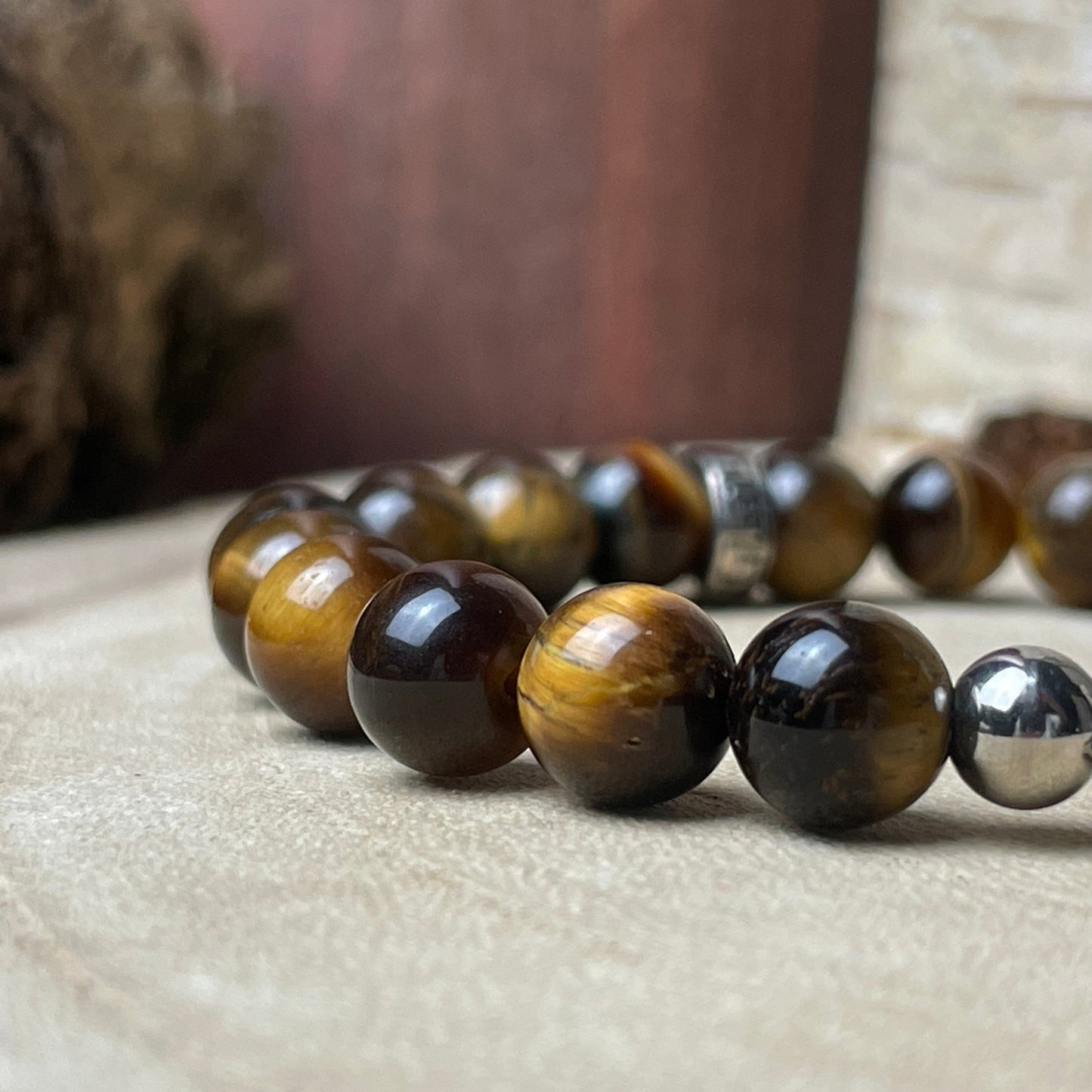 Bracelet personnalisé en Œil de Tigre naturelle – Médaillon photo 12 mm | Force Solaire