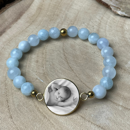 Bracelet personnalisé en Aigue-Marine naturelle – Médaillon photo 20 mm | Souffle Marin
