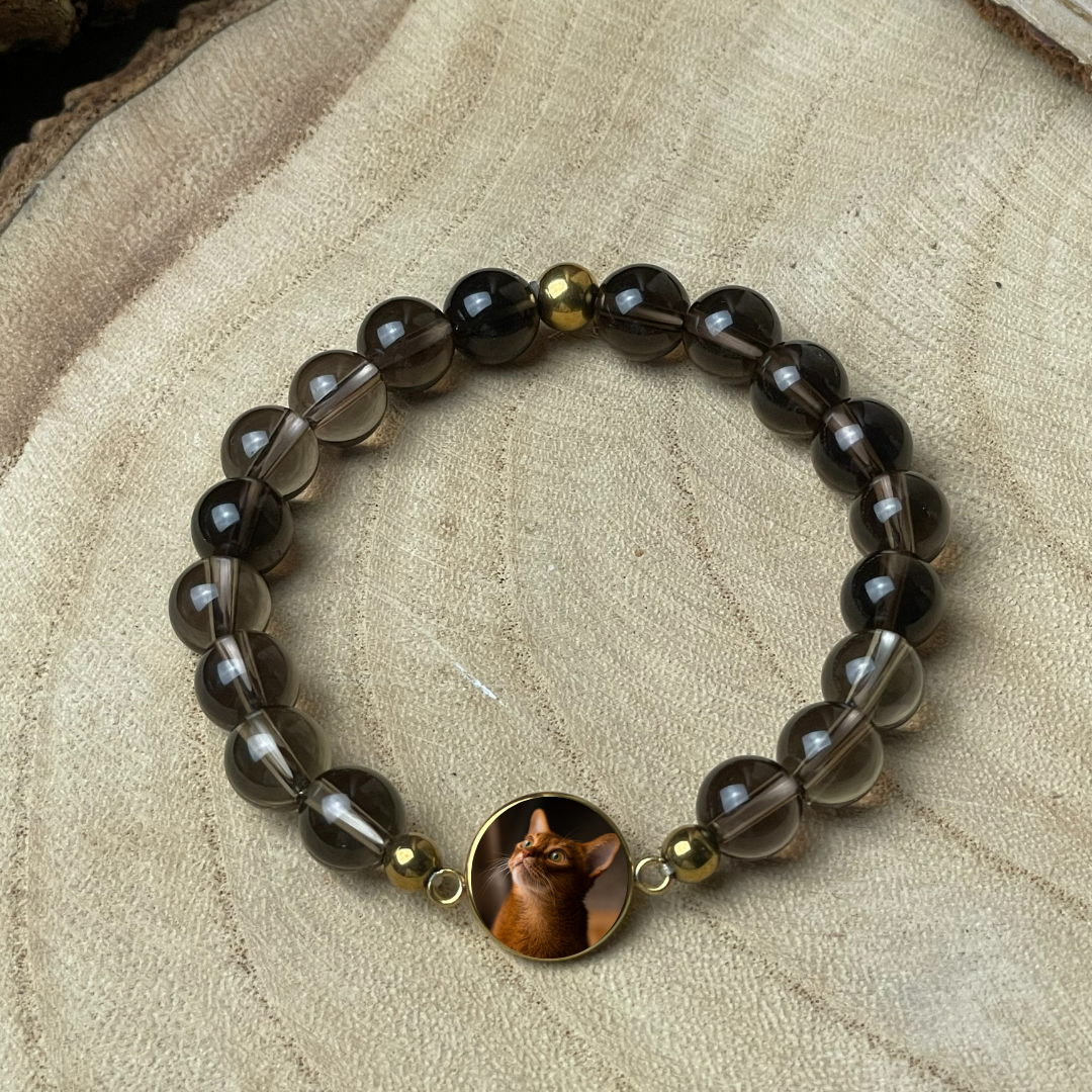Bracelet personnalisé en Quartz Fumé naturelle – Médaillon photo 12 mm | Calme Profond