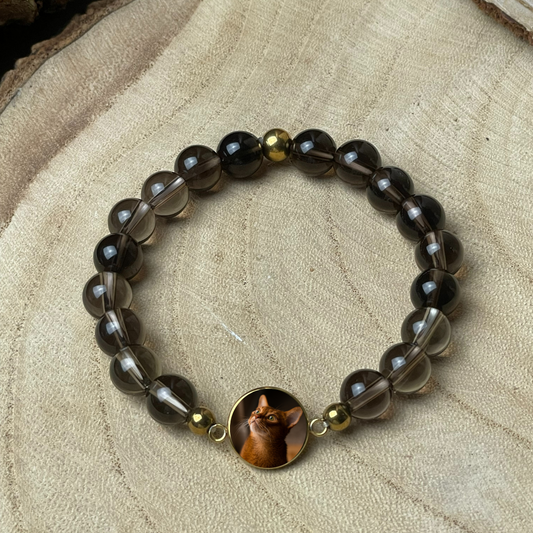 Bracelet personnalisé en Quartz Fumé naturelle – Médaillon photo 12 mm | Calme Profond