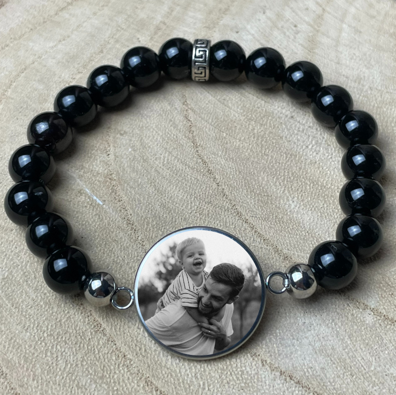 Bracelet personnalisé en Onyx naturelle – Médaillon photo 20 mm | Nuit Protectrice