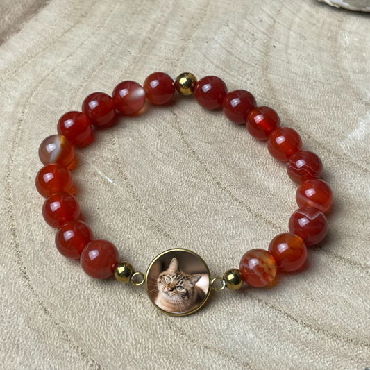 Bracelet personnalisé en Cornaline naturelle – Médaillon photo 12 mm | Flamme Intérieure