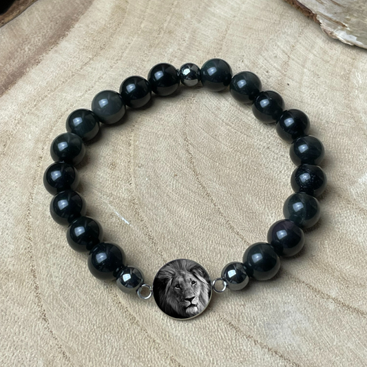 Bracelet personnalisé en Obsidienne Noire naturelle – Médaillon photo 12 mm | Ombre Protectrice