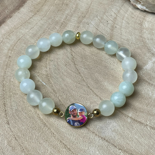 Bracelet personnalisé en Jade naturelle – Médaillon photo 12 mm | Harmonie Verte