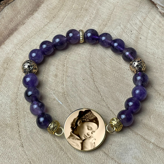 Bracelet personnalisé en Améthyste naturelle – Médaillon photo 20 mm | Paix Spirituelle
