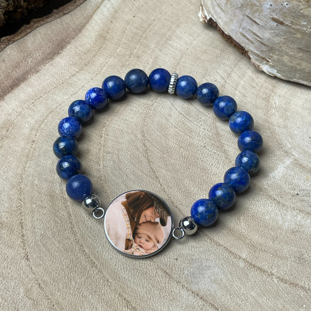 Bracelet personnalisé en Lapis-Lazuli naturelle – Médaillon photo 20 mm | Sérénité Céleste