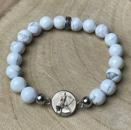 Bracelet personnalisé en Howlite naturelle – Médaillon photo 12 mm | Clarté Blanche