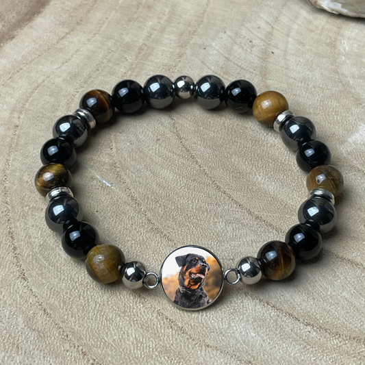 Bracelet personnalisé en Hématite, Obsidienne & Œil de Tigre naturelles – Médaillon photo 12 mm | Bouclier Ancré